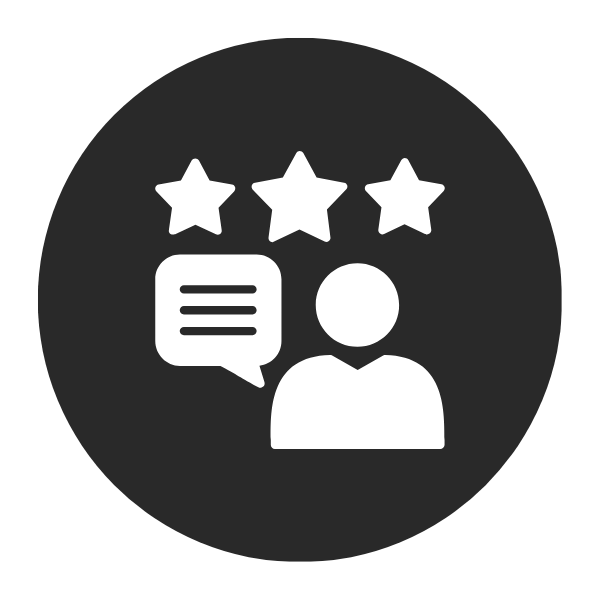A circular dark gray icon with a white symbol of a person, a speech bubble, and three stars.