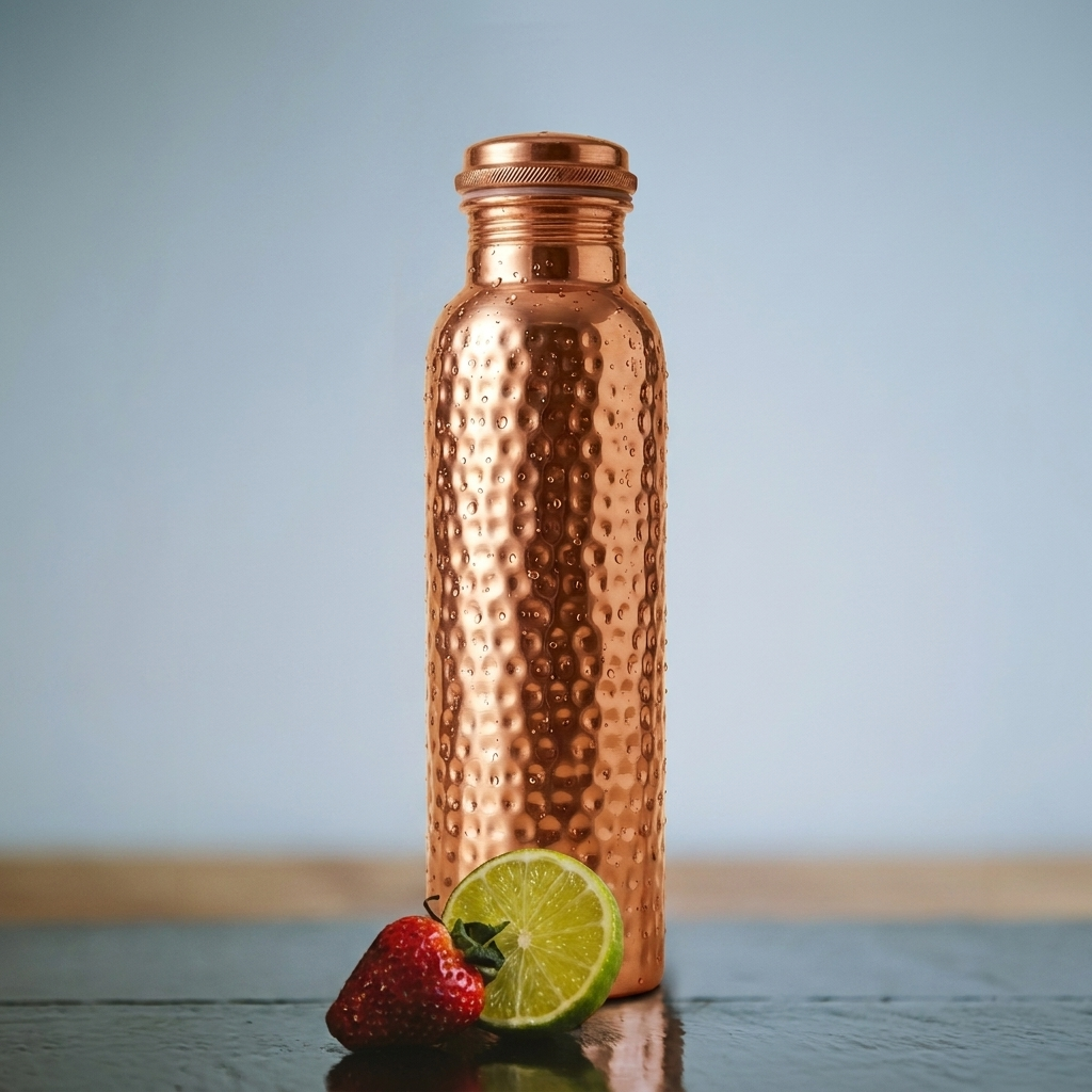 A hammered copper water bottle with water droplets, next to a strawberry and a sliced lime.