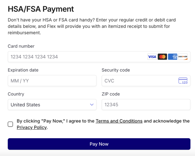 Online payment form for HSA/FSA with card details and terms agreement checkbox.