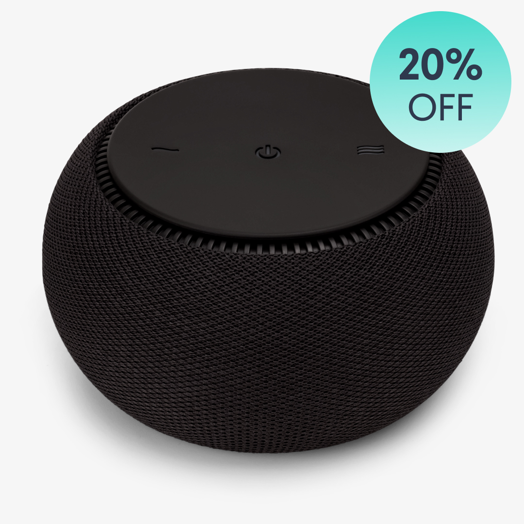 Black smart speaker with a 20% off label.
