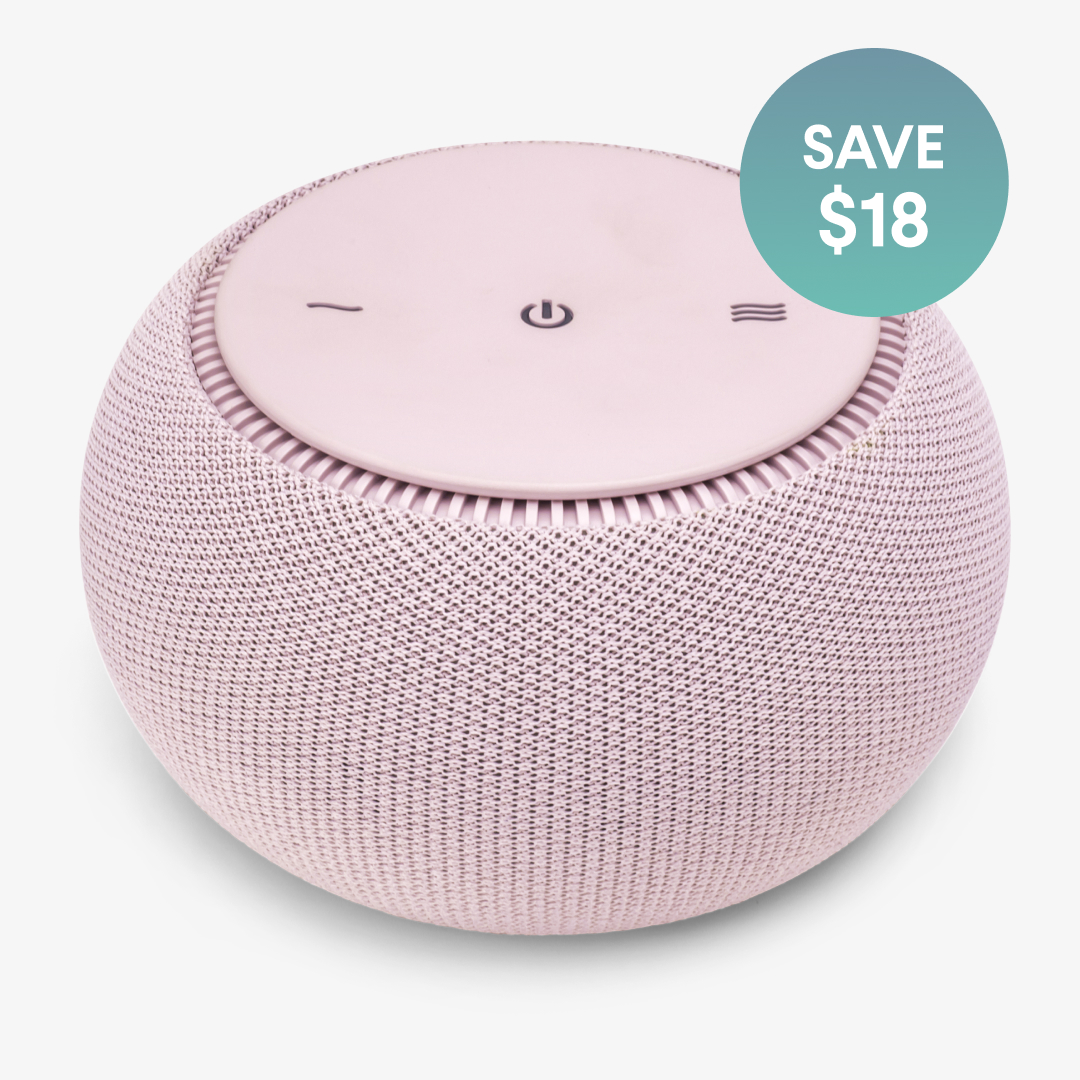 Round pink speaker with control buttons, save $18 label.