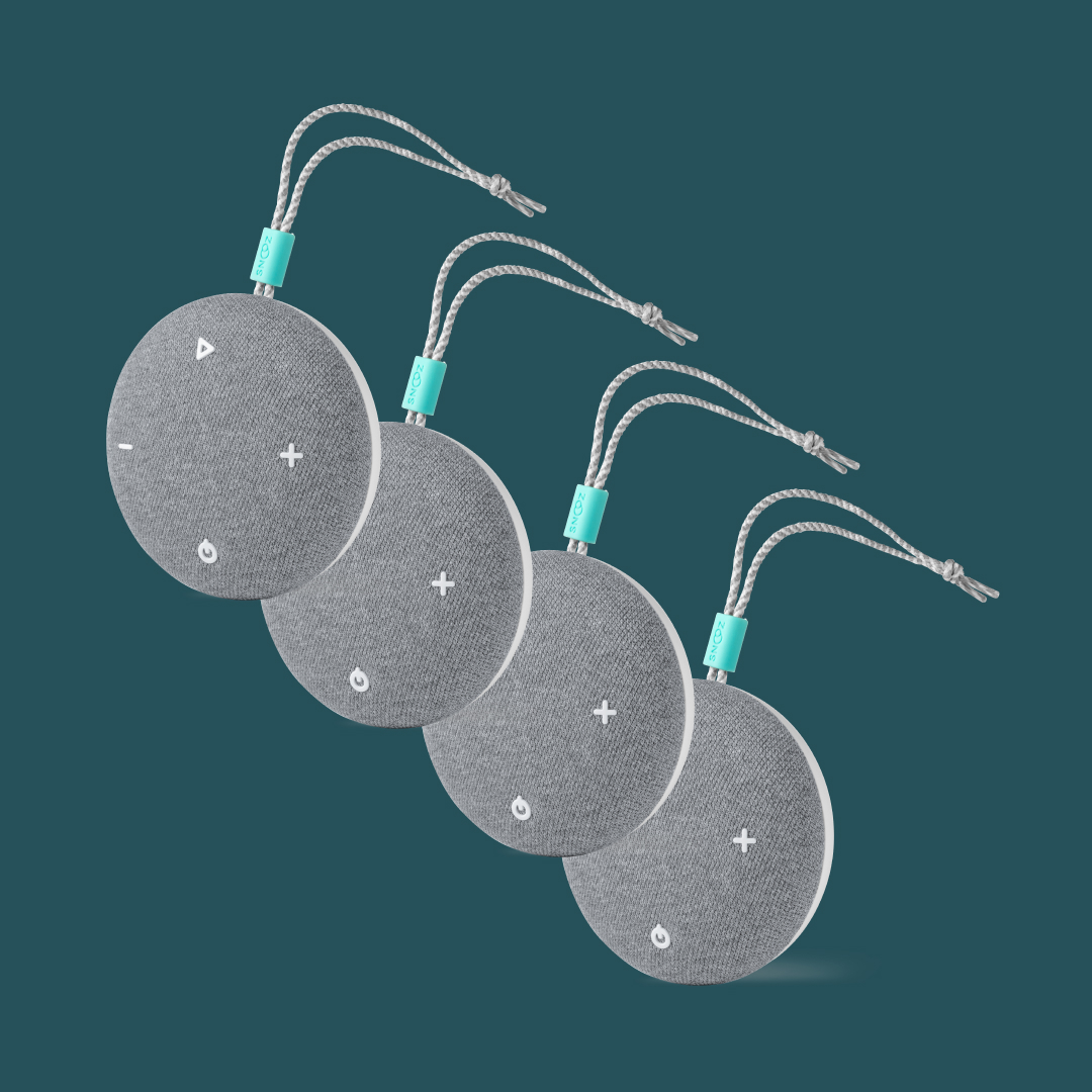 Four gray portable speakers with control buttons and braided loops.