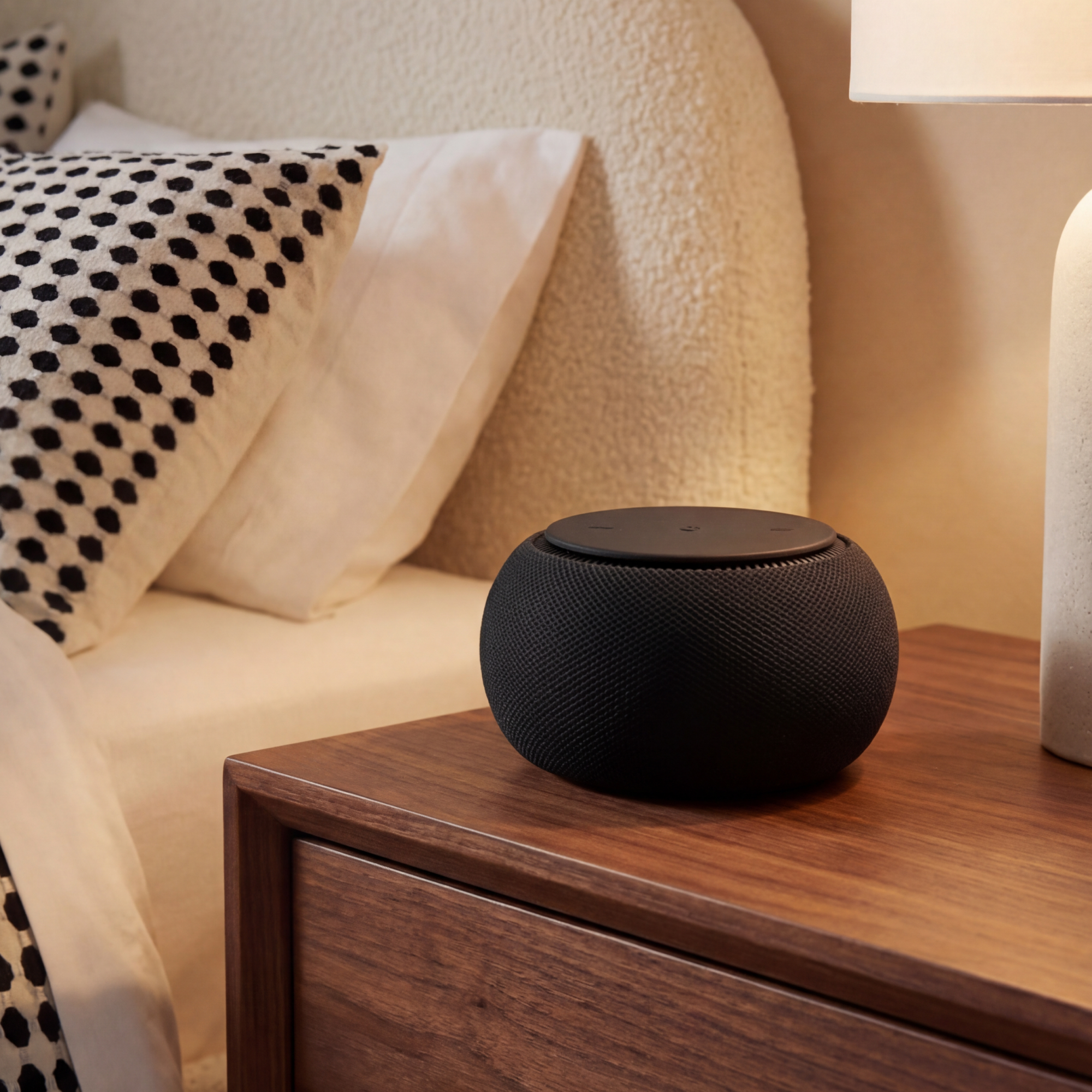 A black snooz pro device sitting on a nightstand