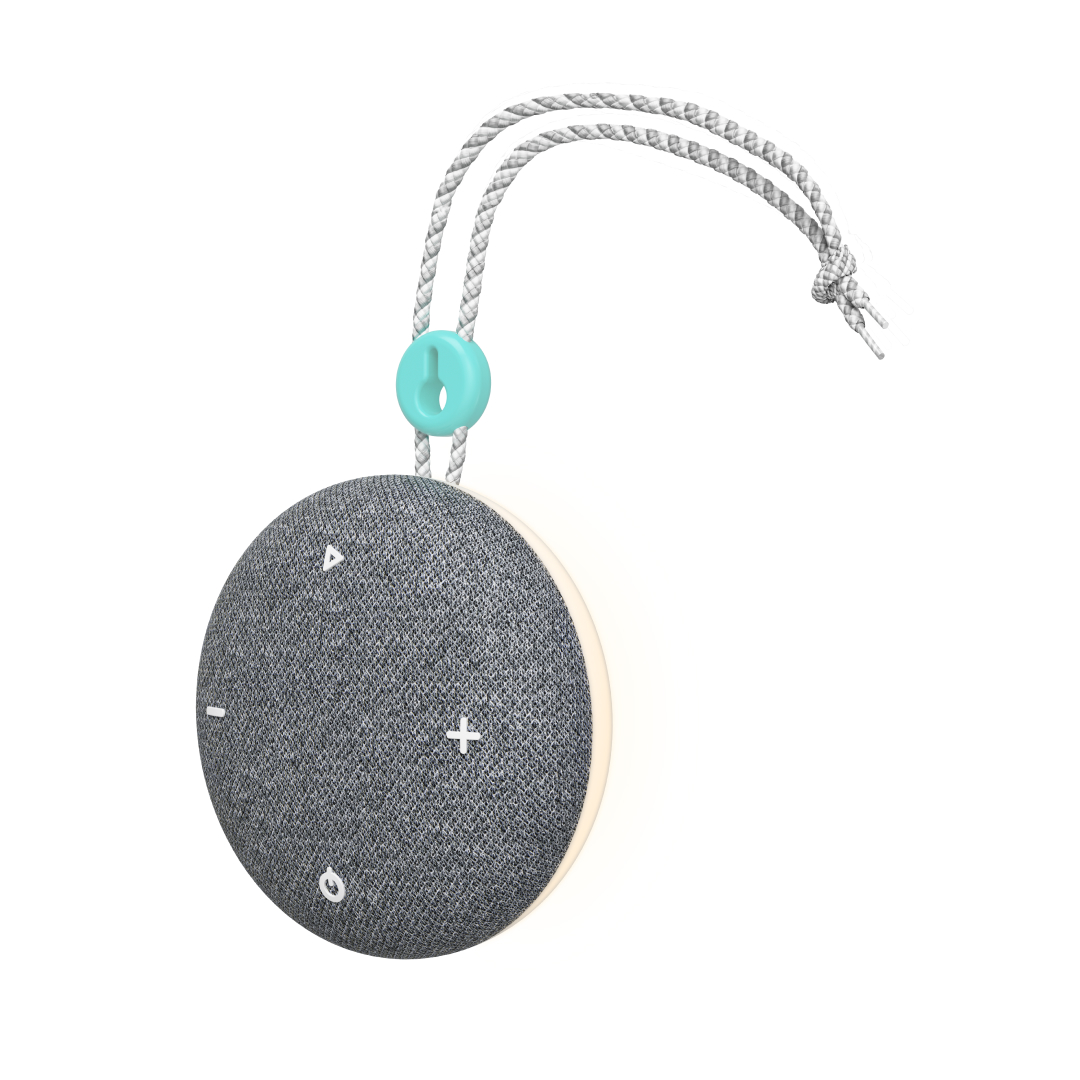 A small, round, grey fabric portable speaker with a braided white rope handle on a white background.