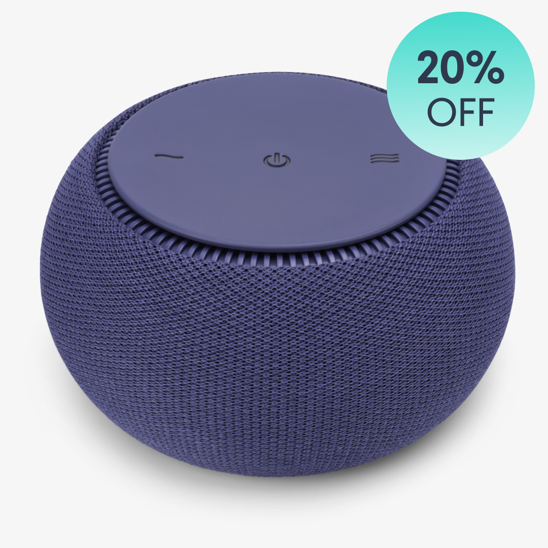 Purple smart speaker with a 20% off label.