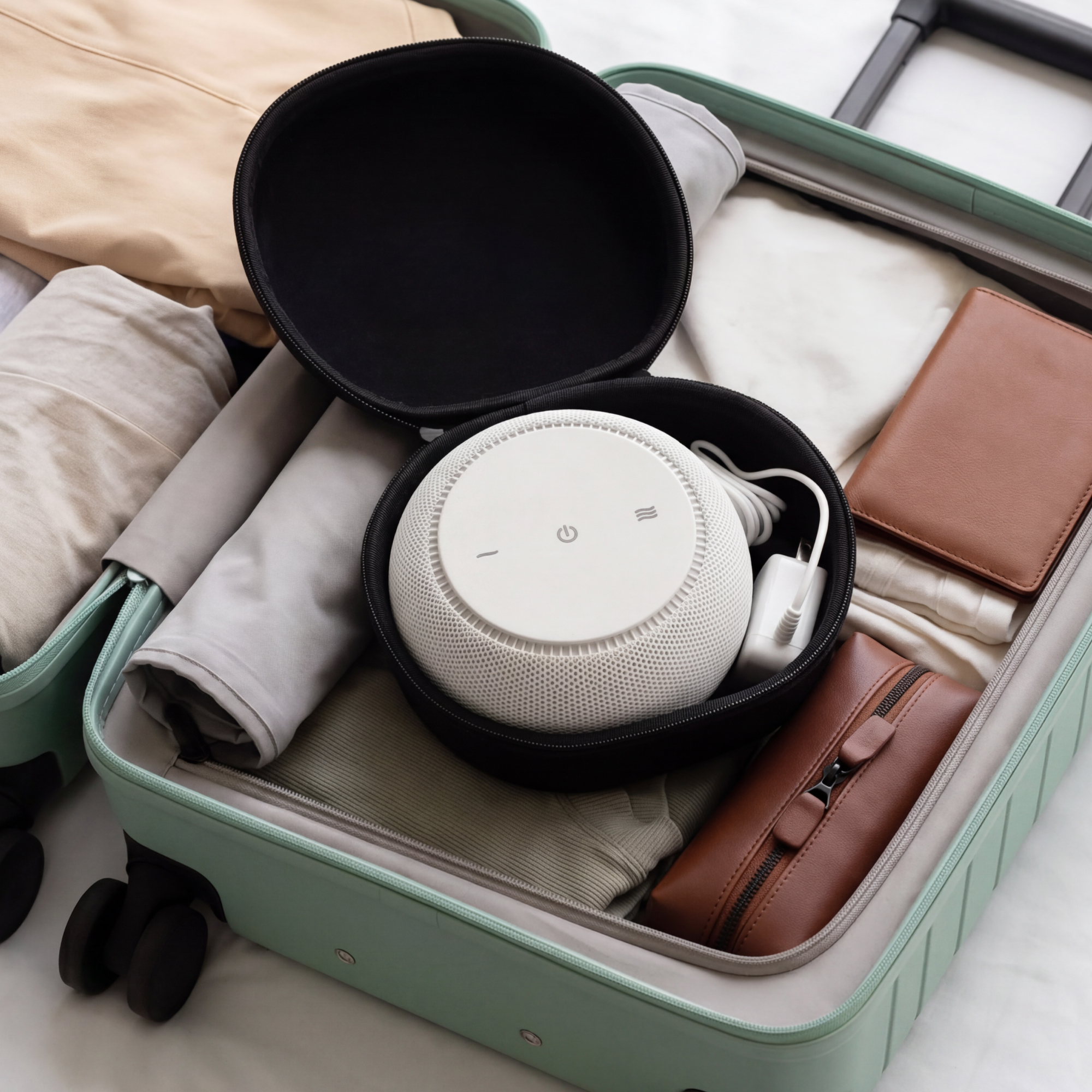 A white SNOOZ Pro device sits in its travel case placed in a suitcase
