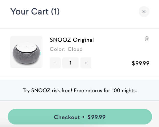 Shopping cart with a SNOOZ Original device priced at $99.99.