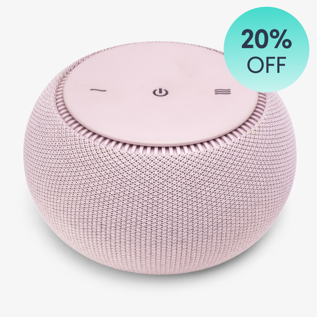 Pink smart speaker with 20% off label.