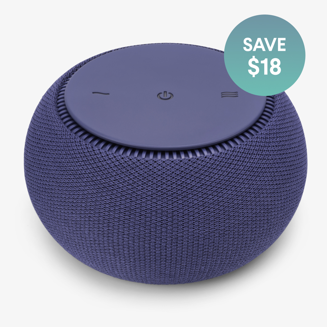 Purple spherical speaker with control icons, discount label 'SAVE $18.'