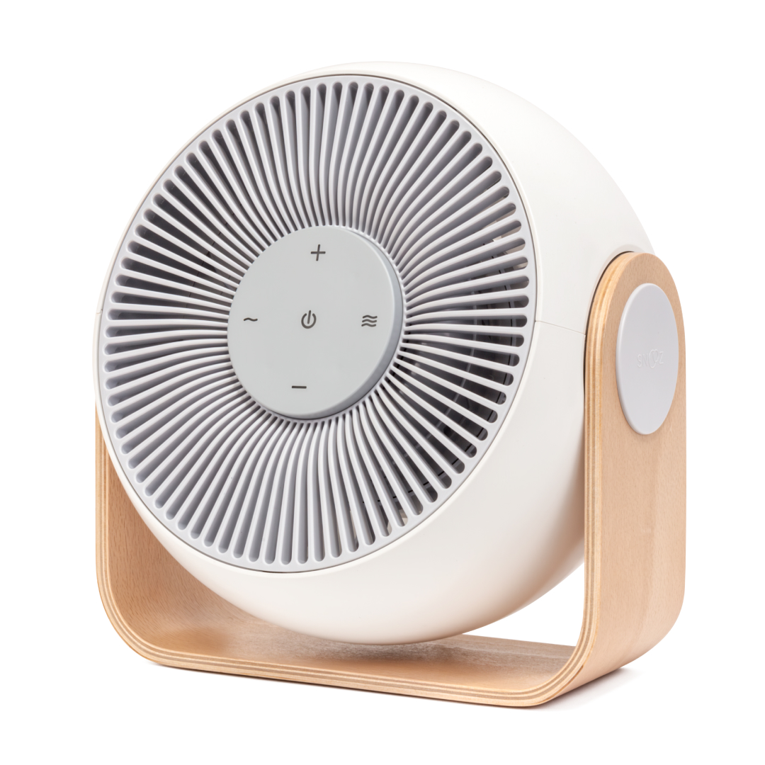 A modern, white, circular fan with a grey control panel, resting on a light-colored wood stand.