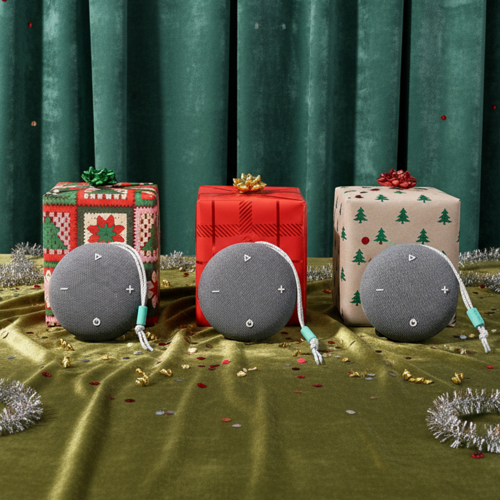 Three smart speakers in front of wrapped gifts on green fabric.