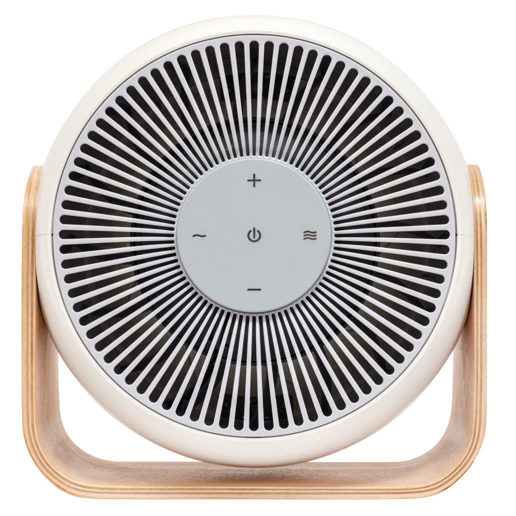 A modern, white circular fan with a central control panel, resting on a light-colored bentwood stand.