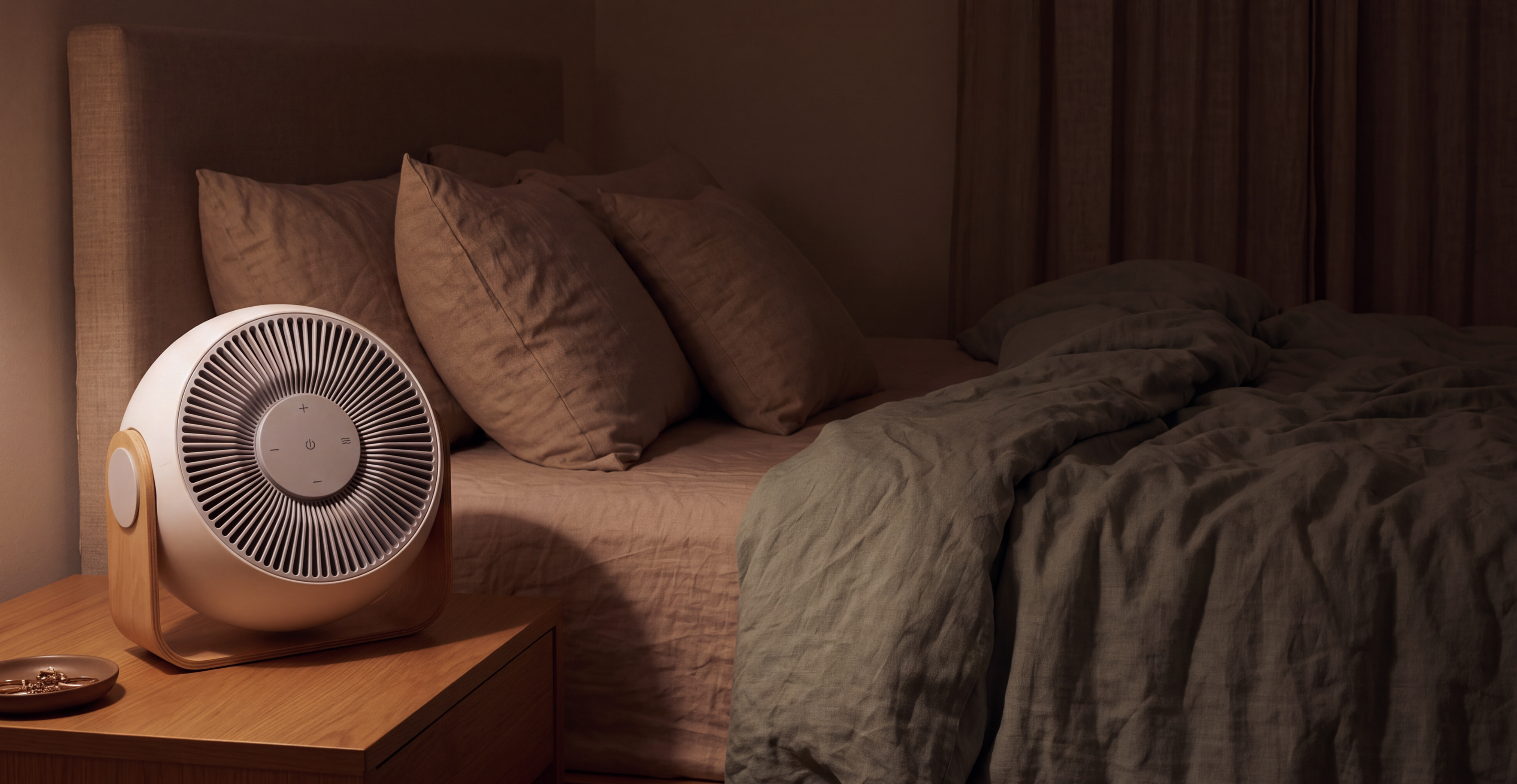 A small, round white fan with a wooden base on a nightstand next to a bed.