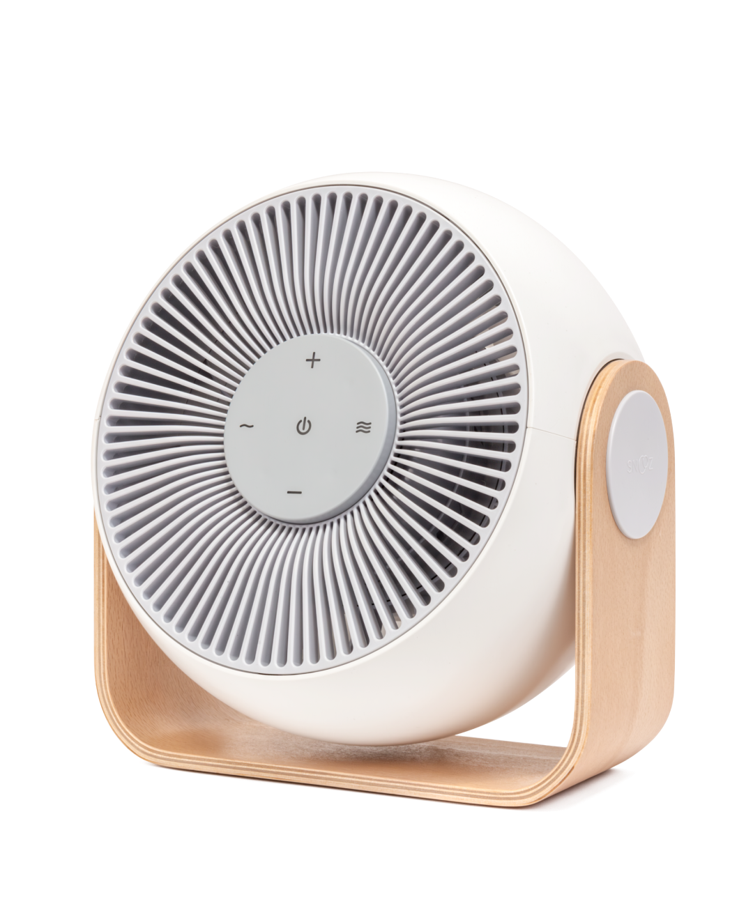 White circular fan with wooden frame and control buttons.
