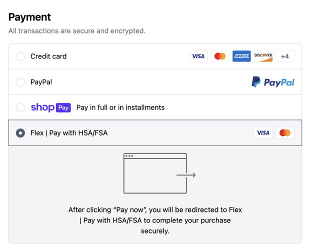Payment options including credit card, PayPal, Shop Pay, and Flex with HSA/FSA.