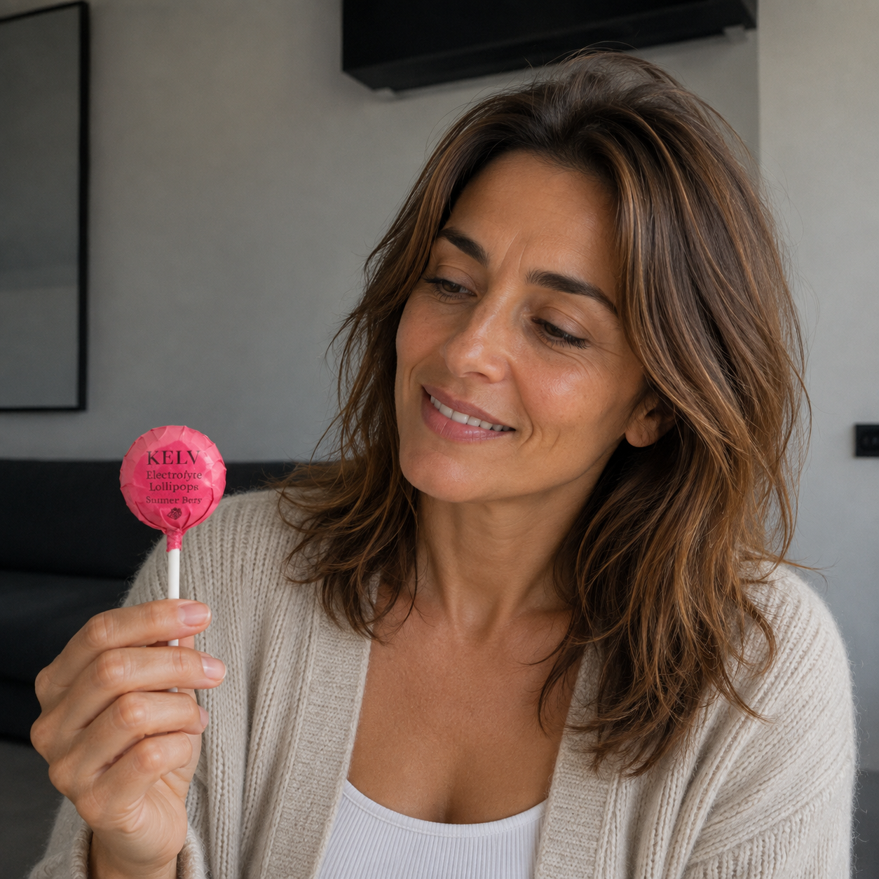 A smiling woman in a beige cardigan holds up and looks at a pink lollipop.