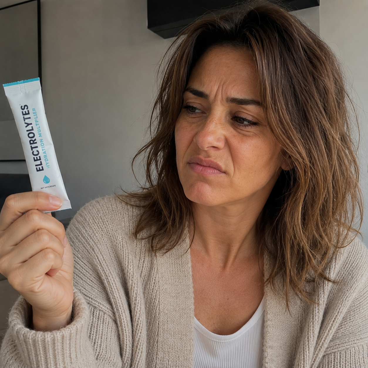 A woman looks at a packet of electrolytes with a disgusted or skeptical expression on her face.