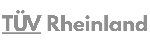 Grayscale logo of TÜV Rheinland with text.