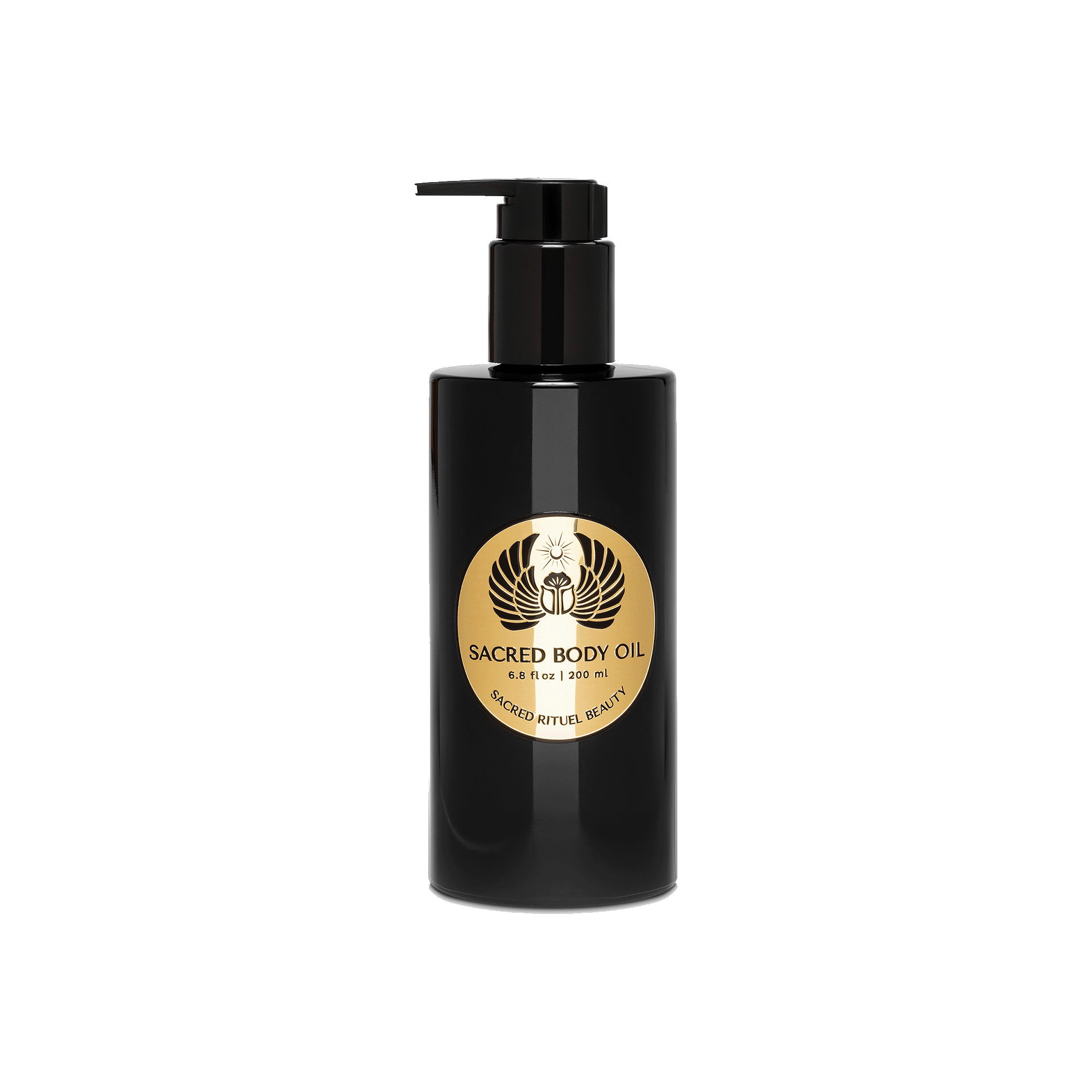 A black pump bottle of Sacred Body Oil with a gold label, against a green background.