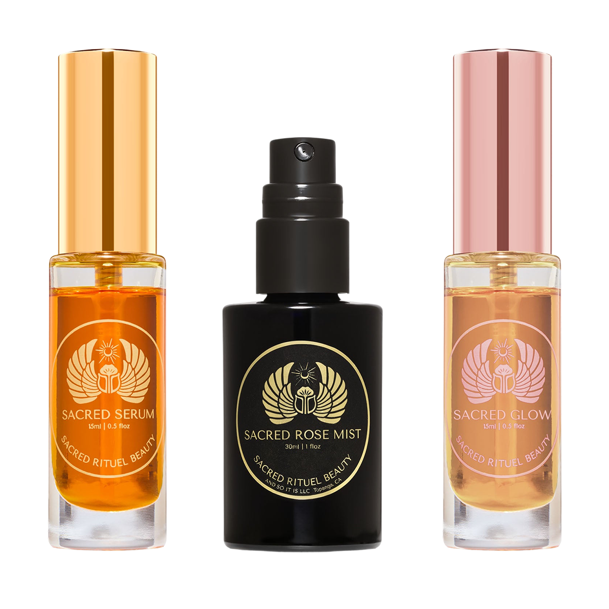 Three cosmetic bottles with gold and black labels displaying different beauty product names.