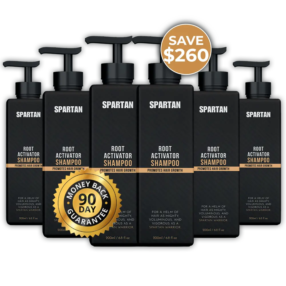 Six bottles of Spartan Root Activator Shampoo with a $260 savings badge.