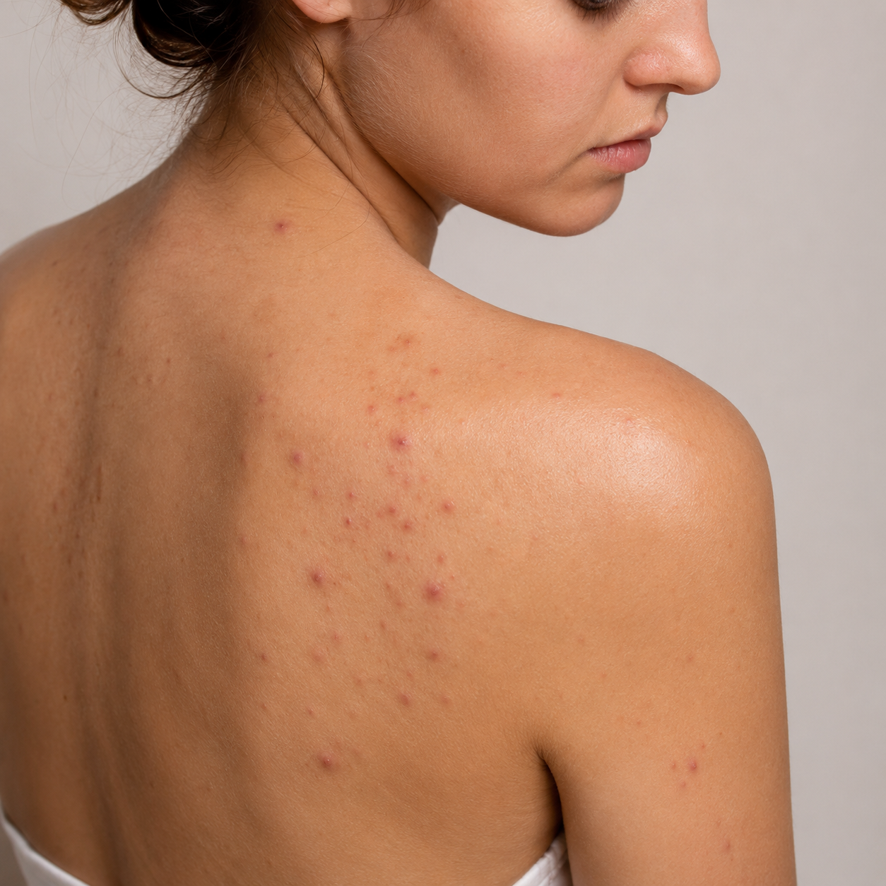 A close-up shot of a woman's back and shoulder area, showing red acne blemishes on her skin.
