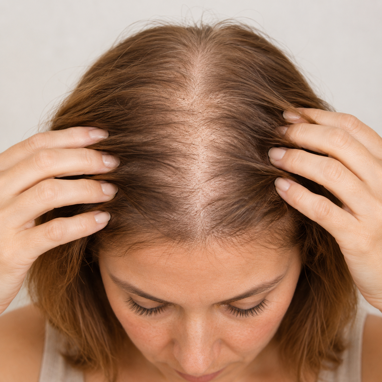 A top-down view of a woman with thinning brown hair, parting it with her hands to show her scalp.