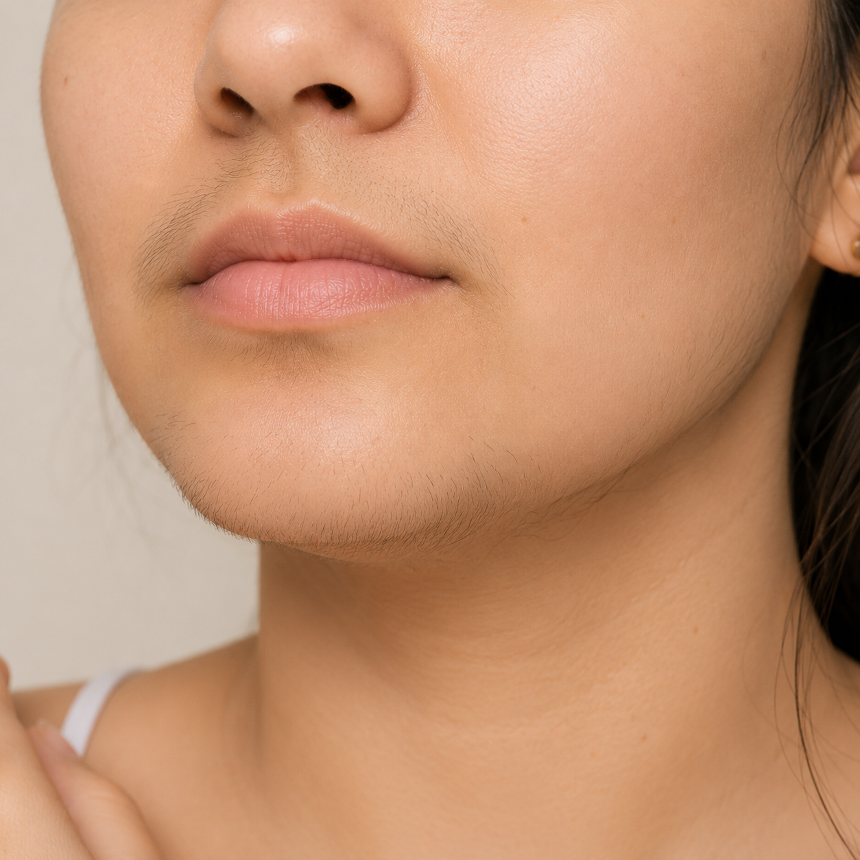 A close-up shot of a person's lower face, showing hair on the upper lip, chin, and jawline.
