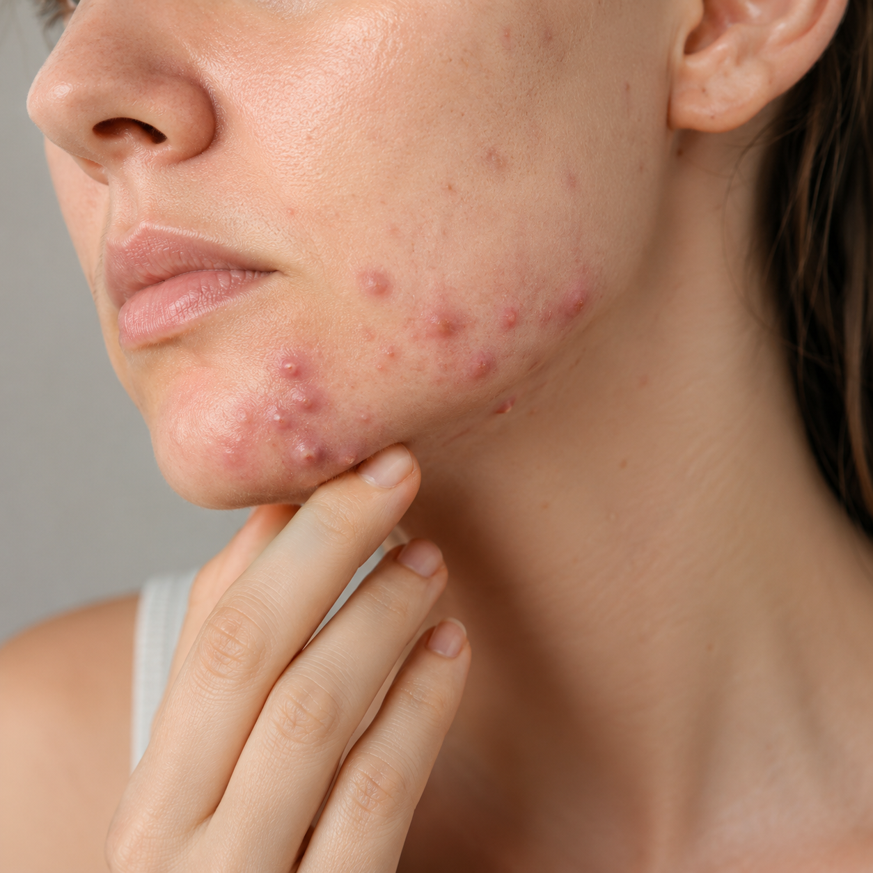 A close-up of a woman with acne on her jawline and chin, touching her face with her hand.