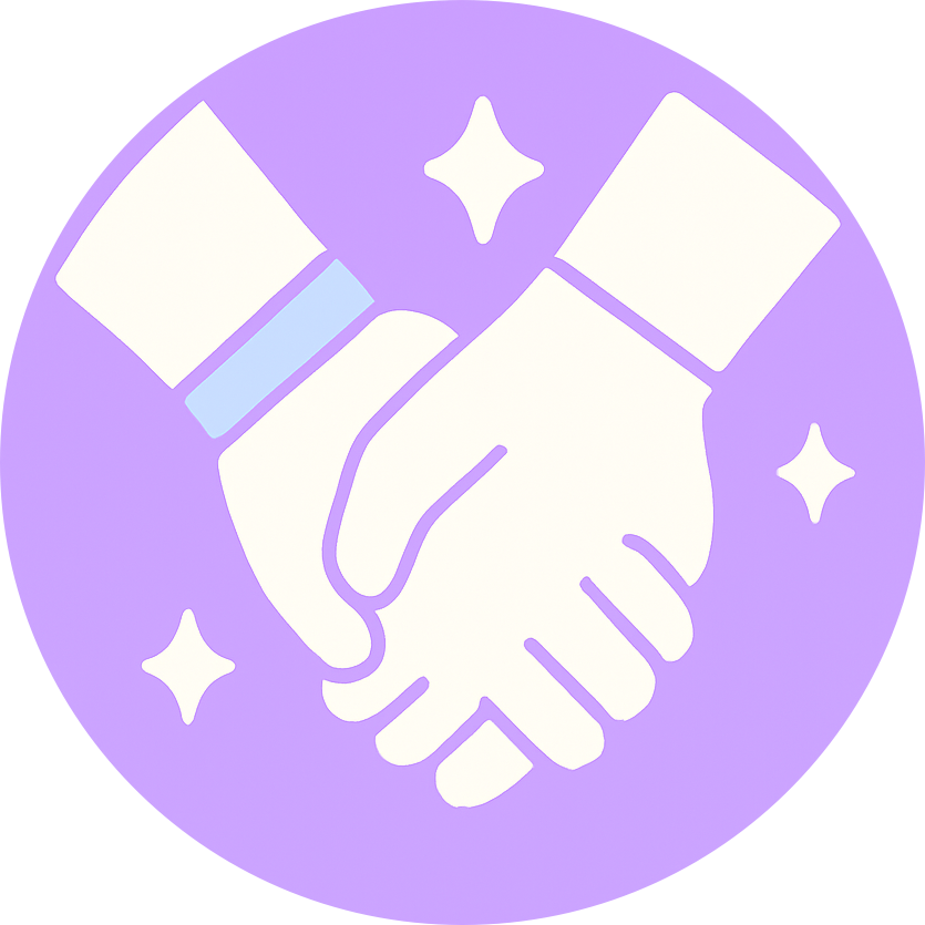 Illustration of two hands shaking with stars around, on a purple background.