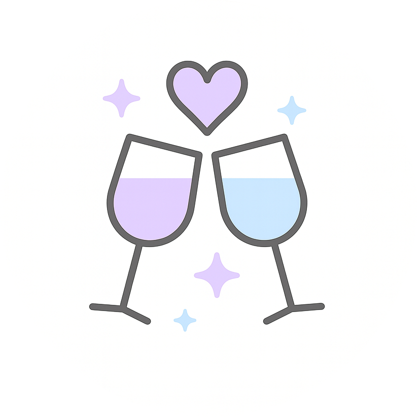 Two clinking wine glasses with a heart and sparkles above.