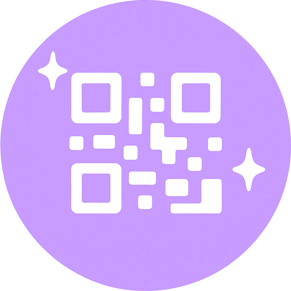 White QR code on a purple circle background with sparkles.