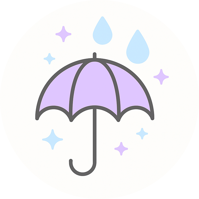 Illustration of a purple umbrella with raindrops and stars around it.