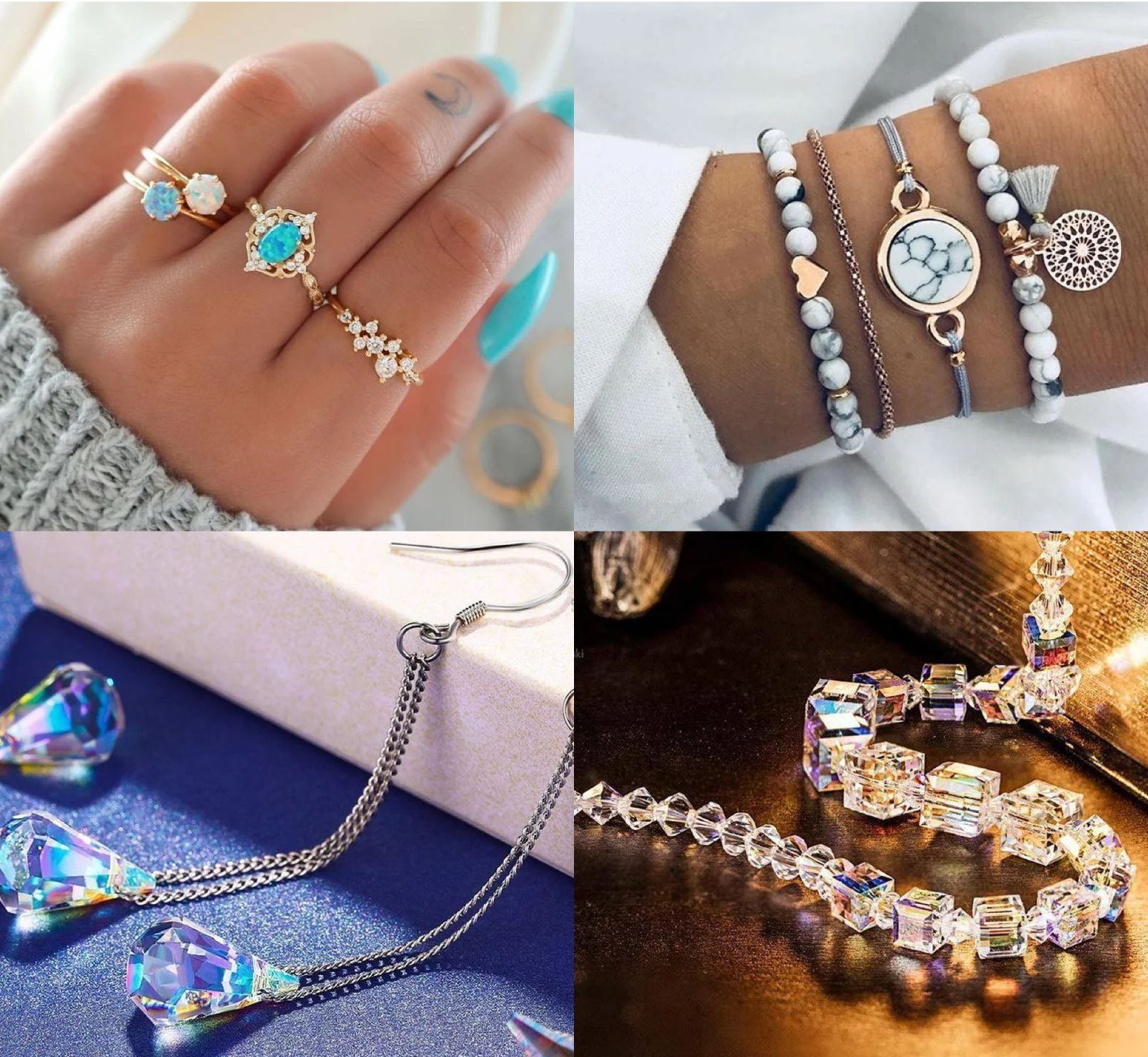 Collage of rings, bracelets, earrings, and crystal jewelry.