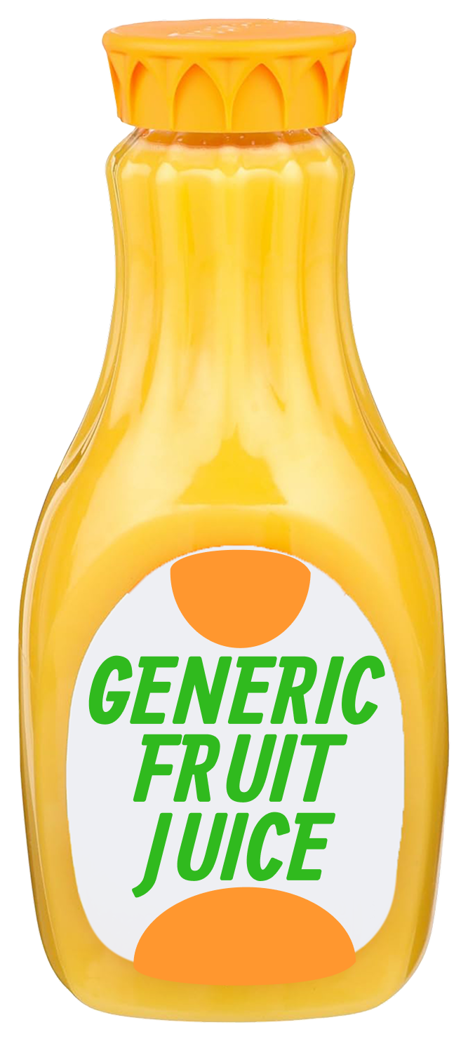 Yellow bottle labeled 'Generic Fruit Juice' with an orange cap.