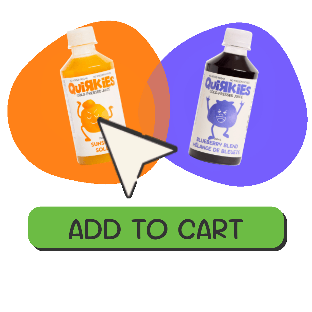 Two juice bottles with a large cursor and 'Add to Cart' button.