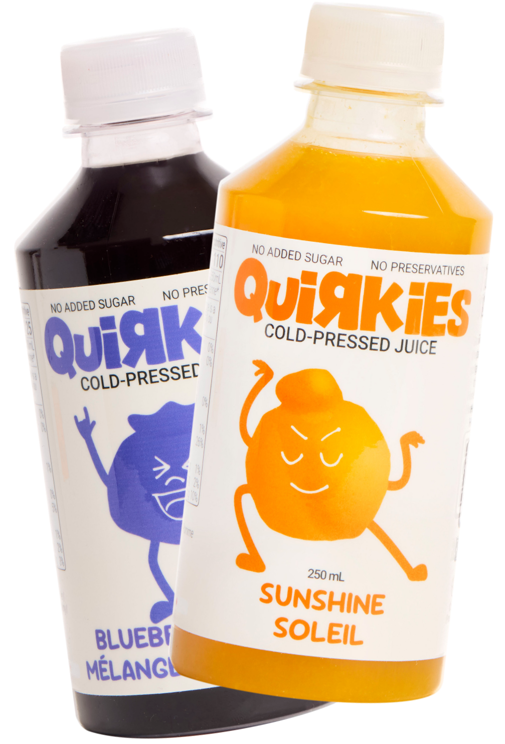 Two bottles of Quirkies cold-pressed juice, one orange and one dark purple.