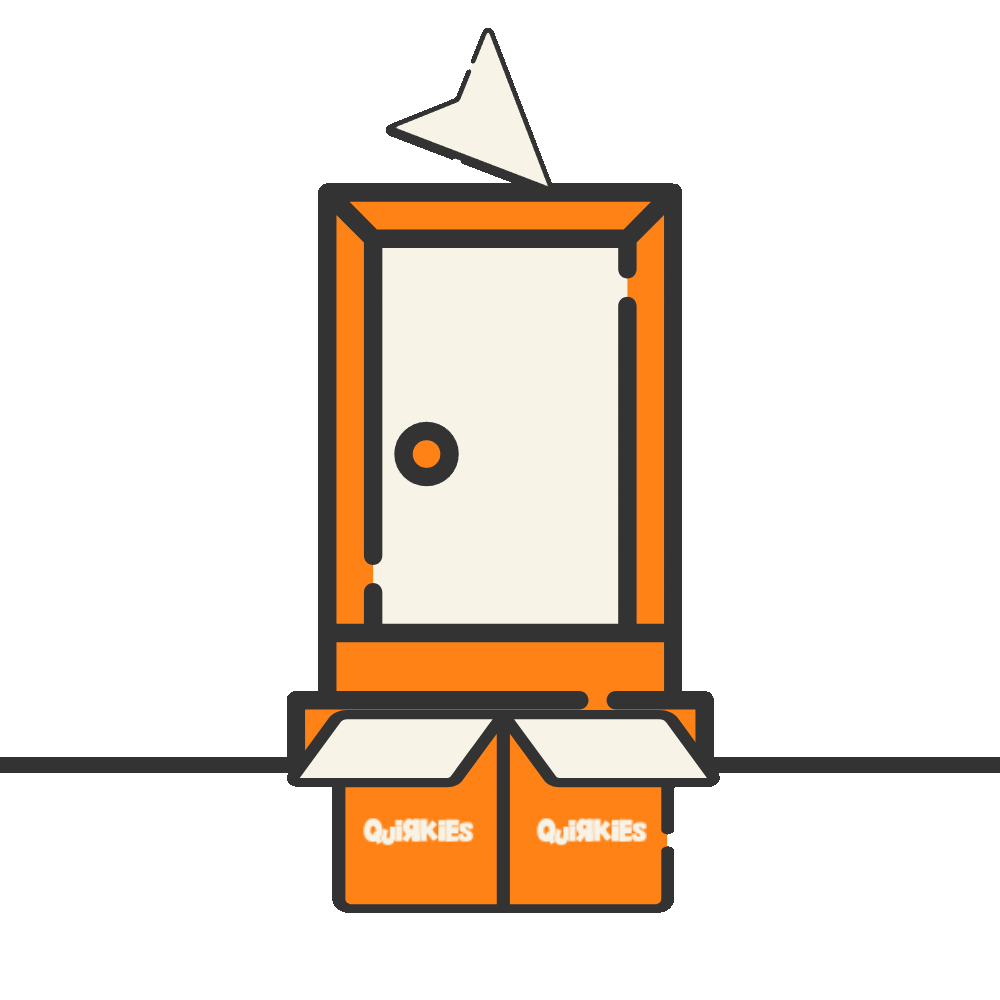 Illustration of an orange door with a triangular roof and two boxes labeled 'Quirkies'.