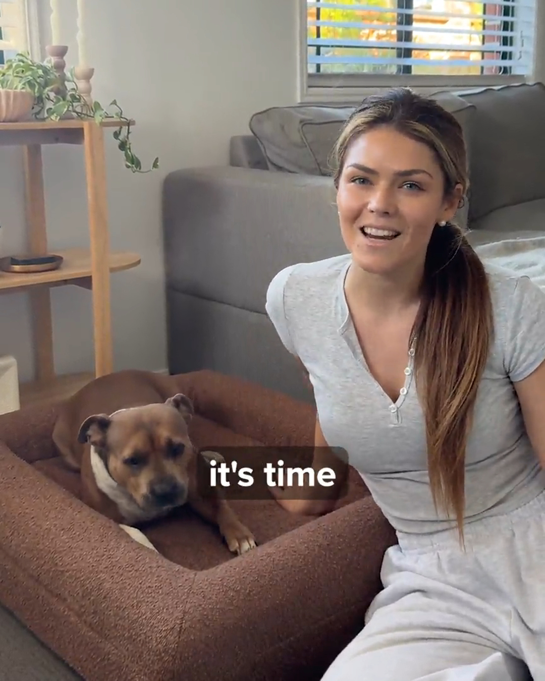 Smiling person sitting next to a dog in a brown bed indoors.