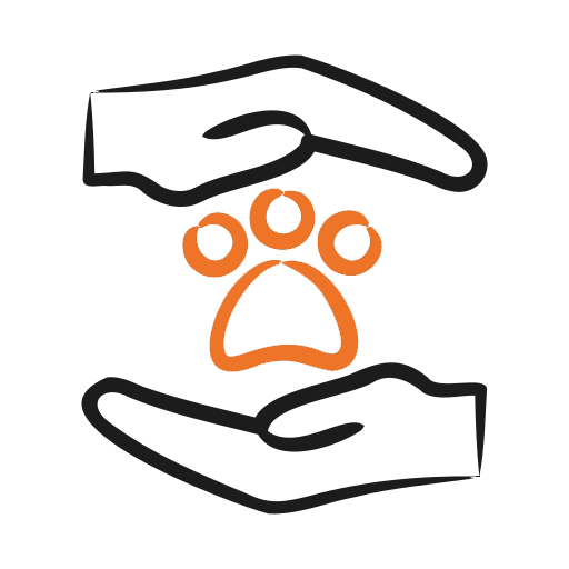 Two hands surrounding an orange paw print.