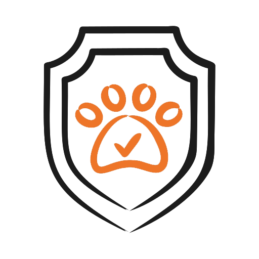 Shield with an orange paw print and check mark inside.