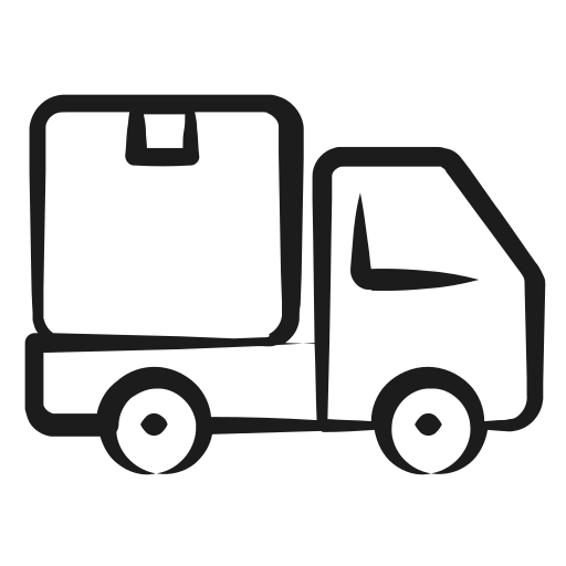 Black and white icon of a truck and a document with a pie chart.