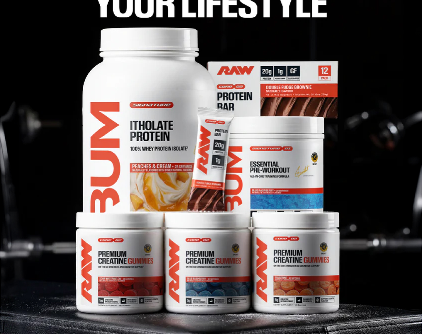 A collection of RAW and BUM SIGNATURE brand nutritional supplements including protein, pre-workout, and creatine gummies.