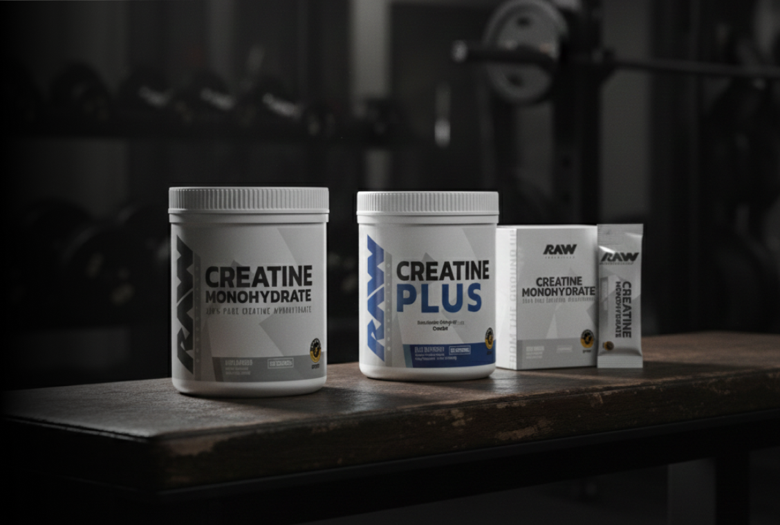 A person pours a scoop of creatine powder from a tub into a black shaker bottle.