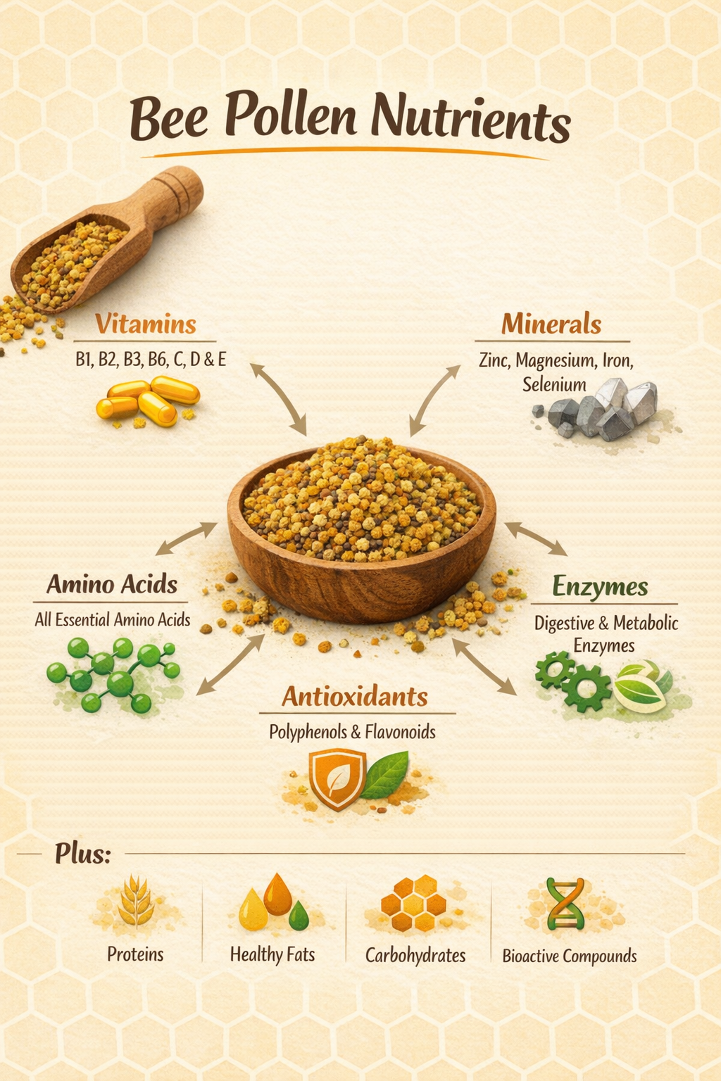 Infographic of bee pollen nutrients including vitamins, minerals, amino acids, antioxidants, and enzymes.