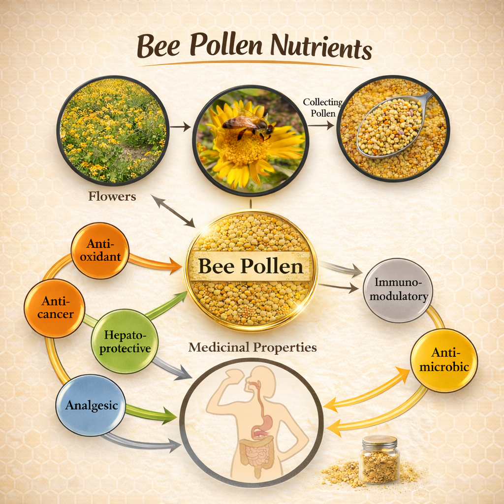 Infographic on bee pollen nutrients with medicinal properties and benefits.