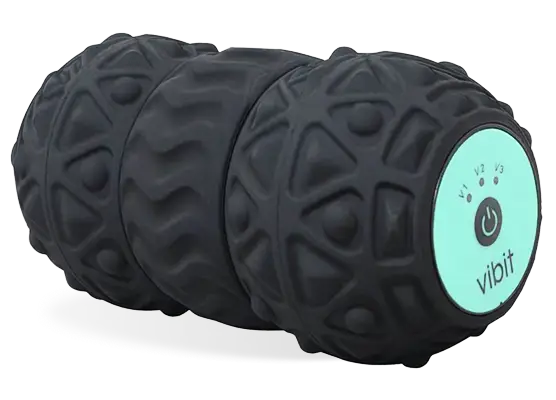 A black, textured, vibrating foam roller with a light green control panel and power button on one end.
