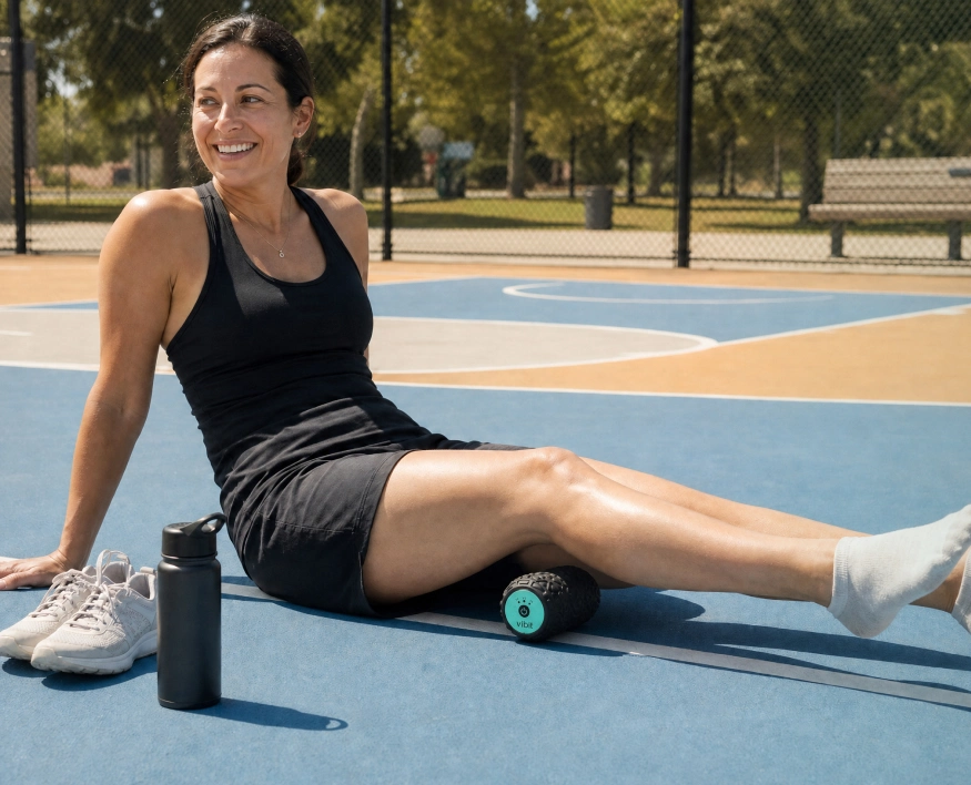 A smiling woman in black athletic wear uses a massage roller on her leg while sitting on a court.