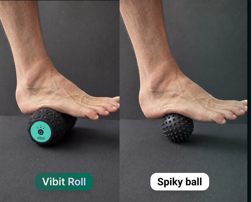 A side-by-side comparison of a foot on a textured roller versus a spiky ball for massage.