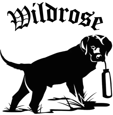 Silhouette of a dog holding an object in its mouth.